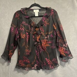 VTG Y2K Vision Apparel 100% Silk Top Ruffle Size L Black Whimsigoth Fairy Grunge
